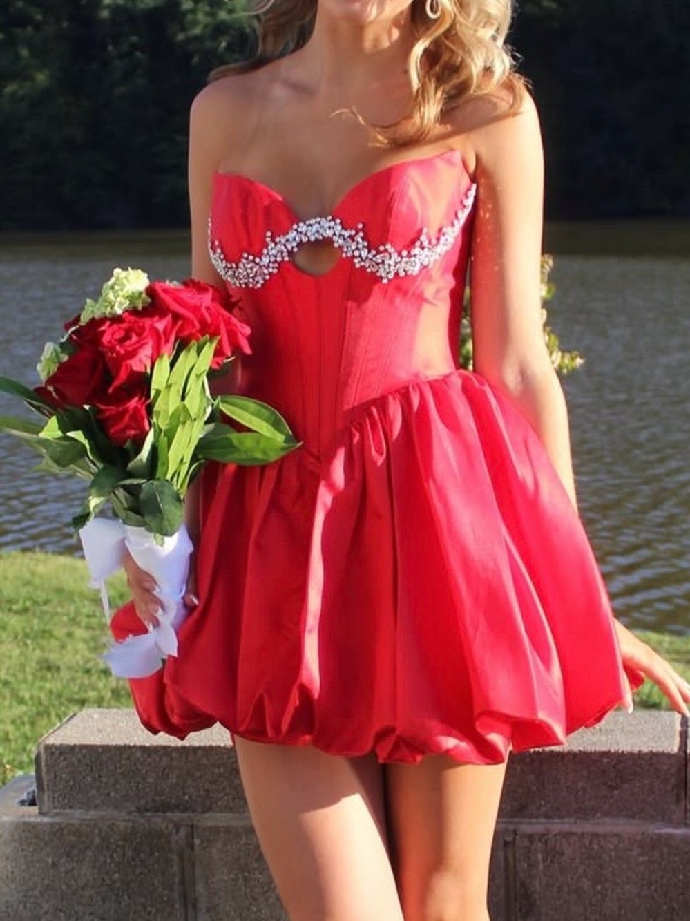 Sherri Hill Red Strapless Bubble Hem Mini Dress